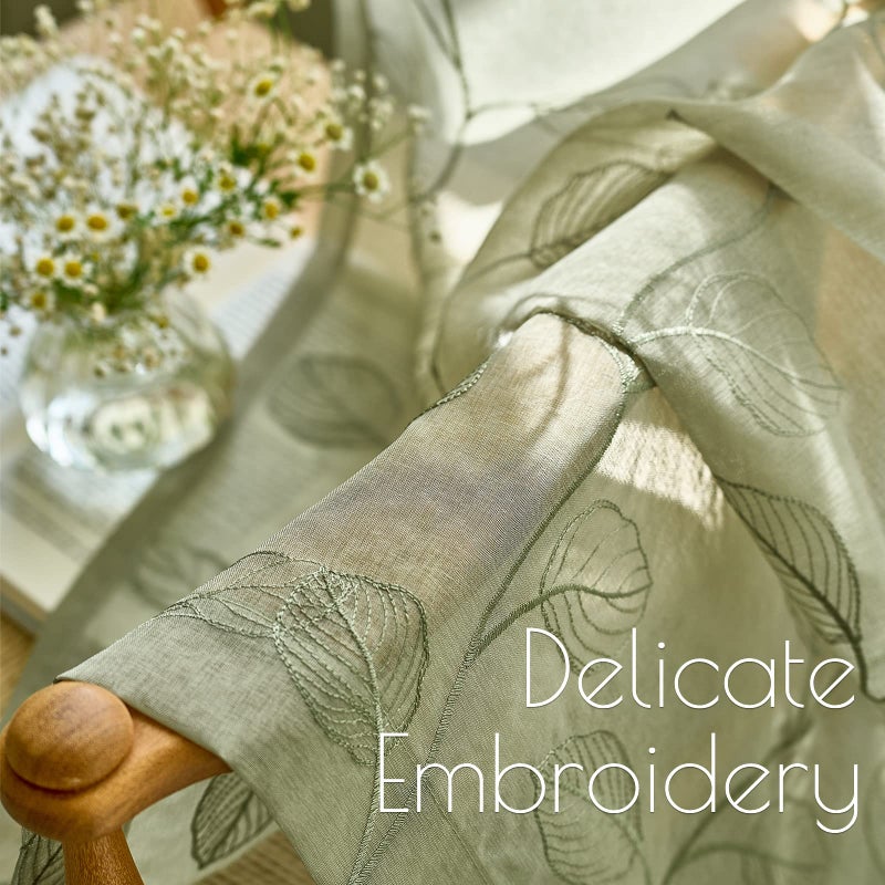 Lazzzy Sage Sheer Curtains Leaf Embroidered 96 Inch Long for Living Room Bedroom Rod Pocket Voile Window Drapes 2 Panels - Image 3
